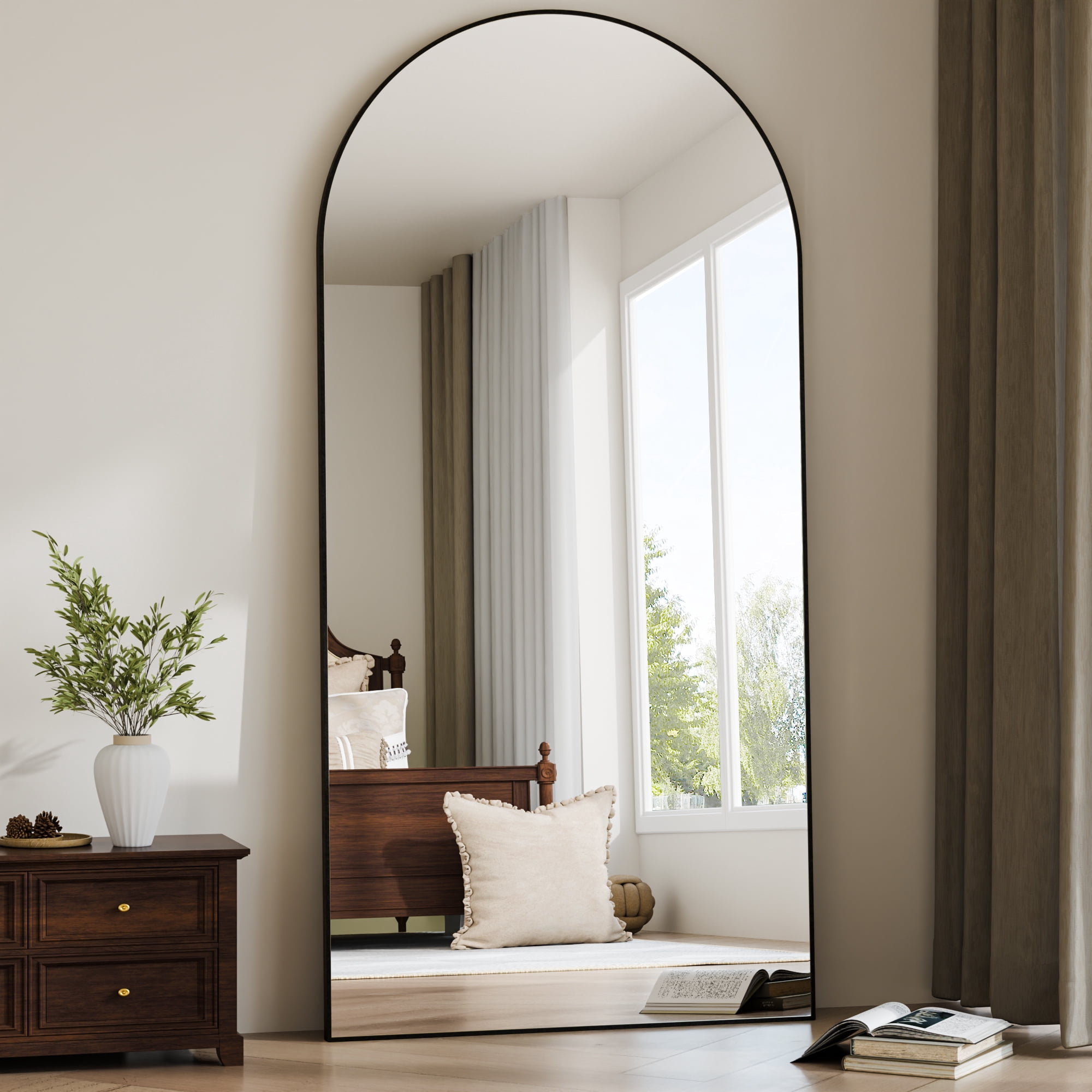 Easy4Home 77"x 38" Arch-Top Oversized Full Length Mirror Metal Frame Freestading Floor Mirror, Black
