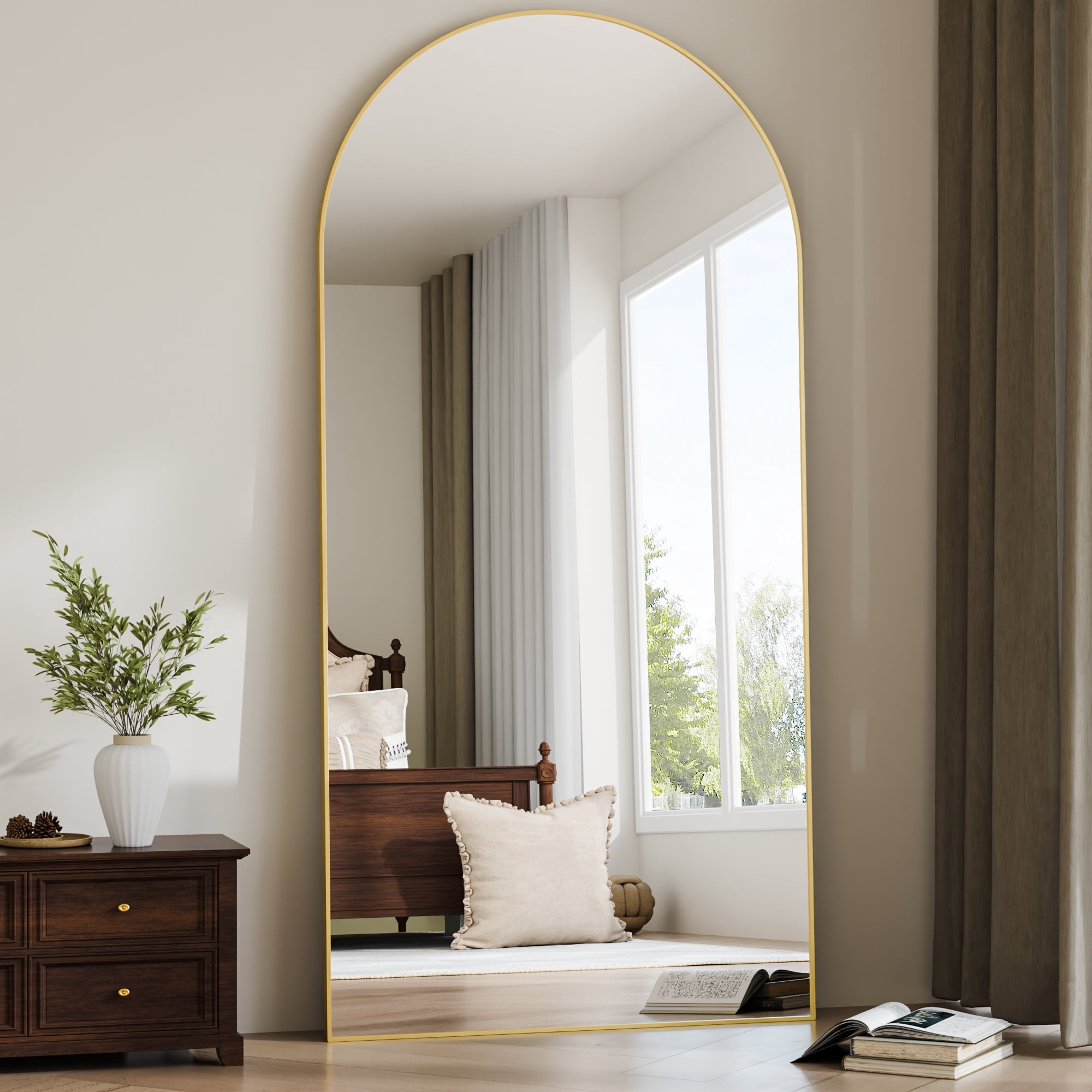 Easy4Home 77"x 38" Arch-Top Oversized Full Length Mirror Metal Frame Freestading Floor Mirror, Gold
