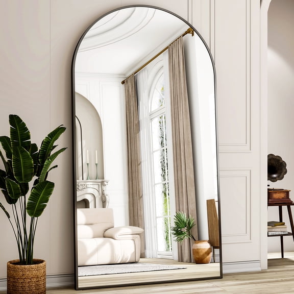 Easy4Home 77"x38" Oversized Arched Full Length Mirror with Aluminum Alloy Frame Freestanding Floor Dressing Mirror, Black