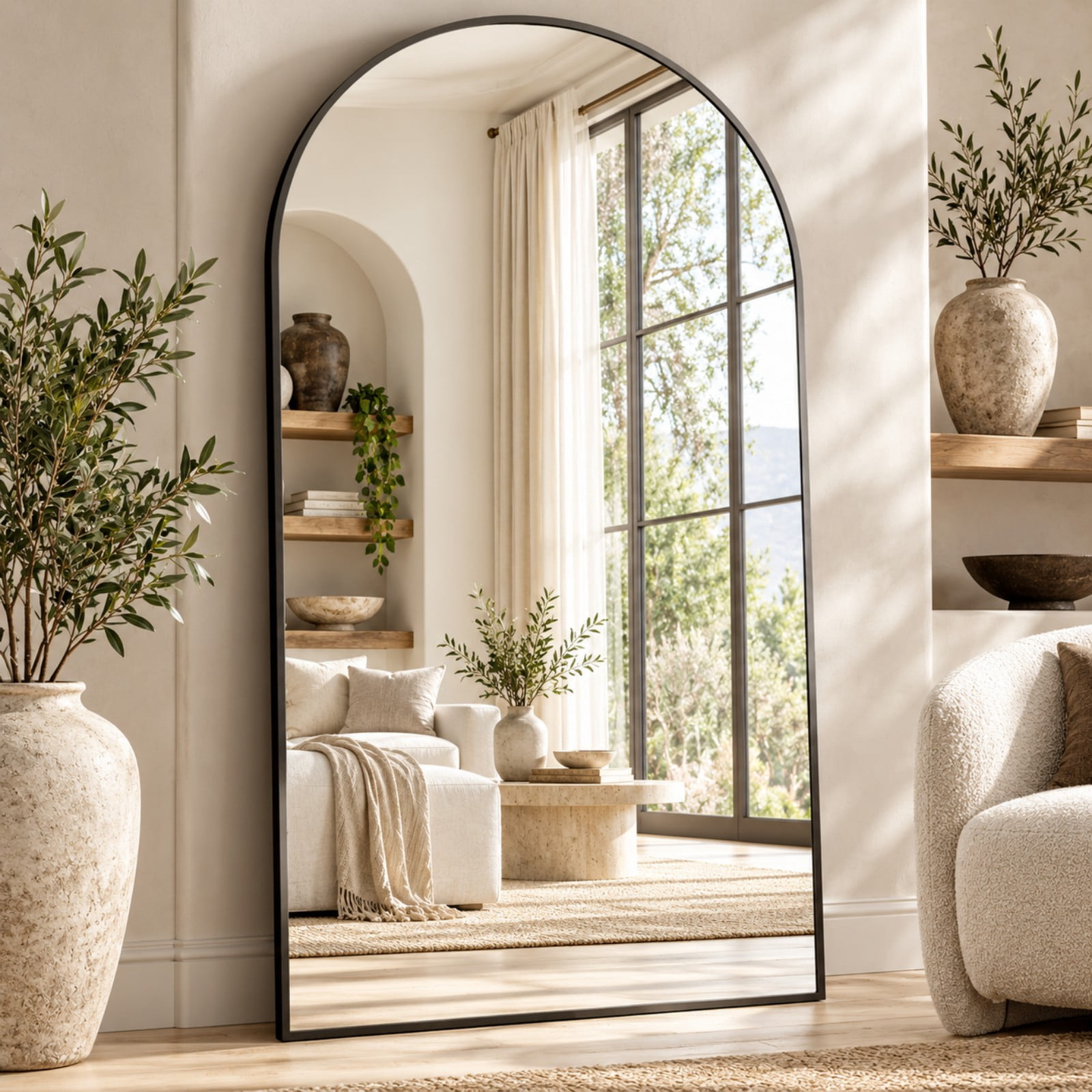 Easy4Home 77"x38" Oversized Full Length Mirror Arched Freestanding Floor Mirror with Metal Frame, Black