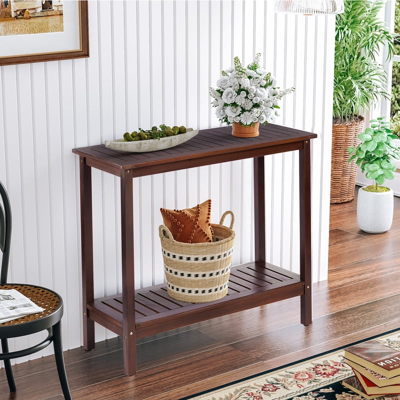Easy4Home Acacia Wood Patio Console Table Indoor&Outdoor Storage Shelves, Dark Brown