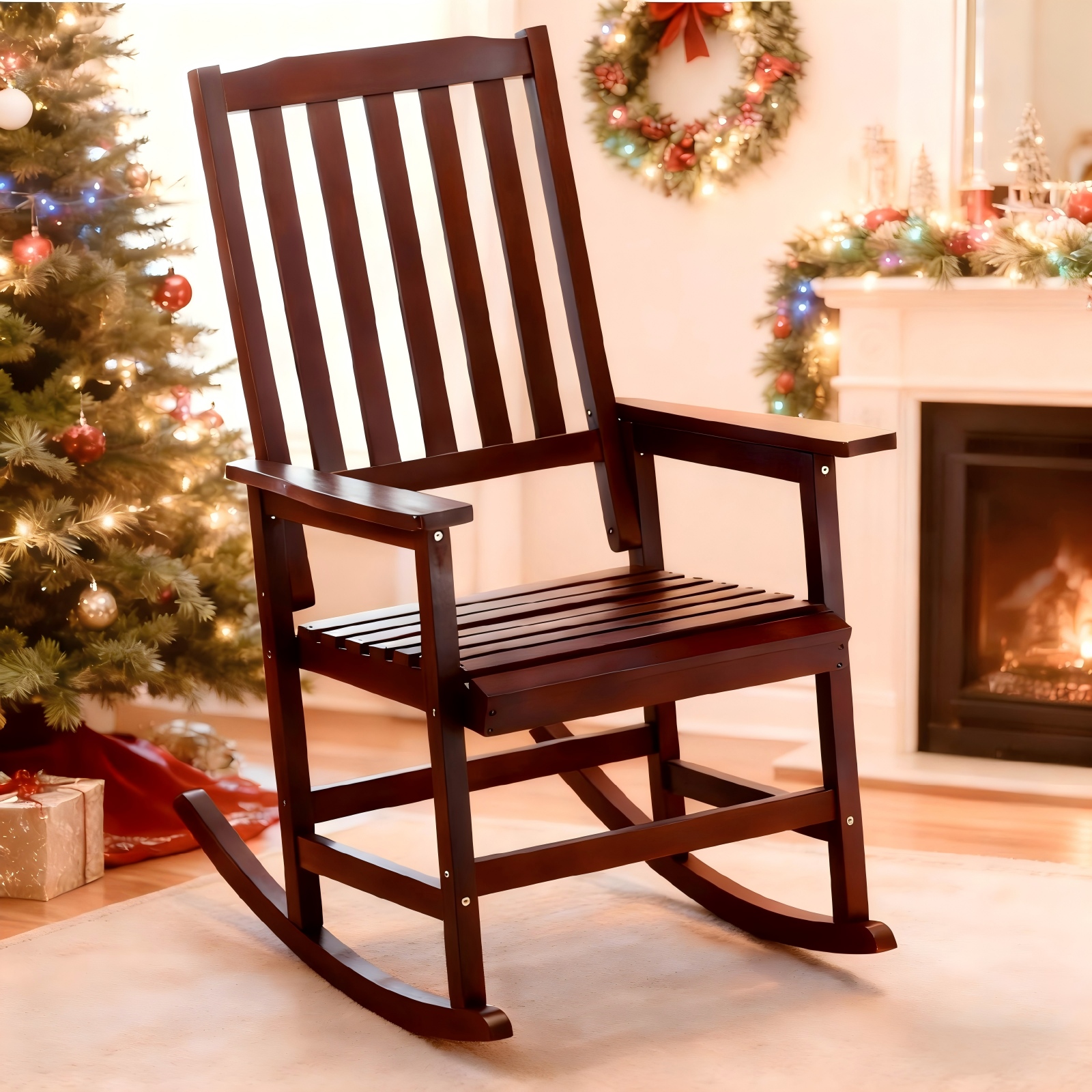 Easy4Home Acacia Wood Patio Rocking Chair Outdoor All Weather Resistant Porch Rocker, Dark Brown