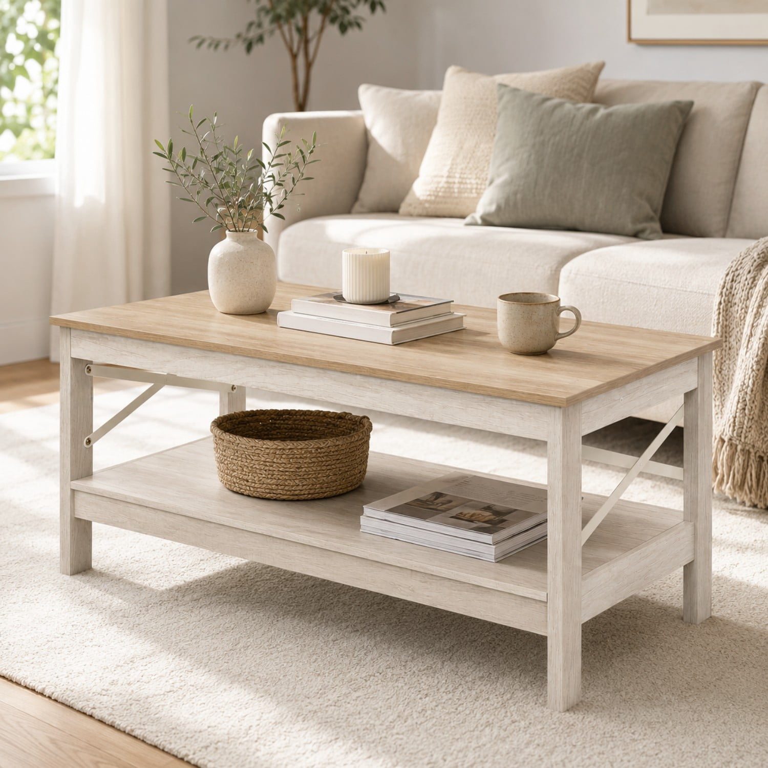 Easy4Home Coffee Table with Open Storage Shelf,2-Tier Rustic Farmhouse Center Table for Living Room, Natural Oak