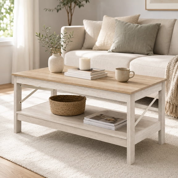 Easy4Home Coffee Table with Open Storage Shelf,2-Tier Rustic Farmhouse Center Table for Living Room, Natural Oak