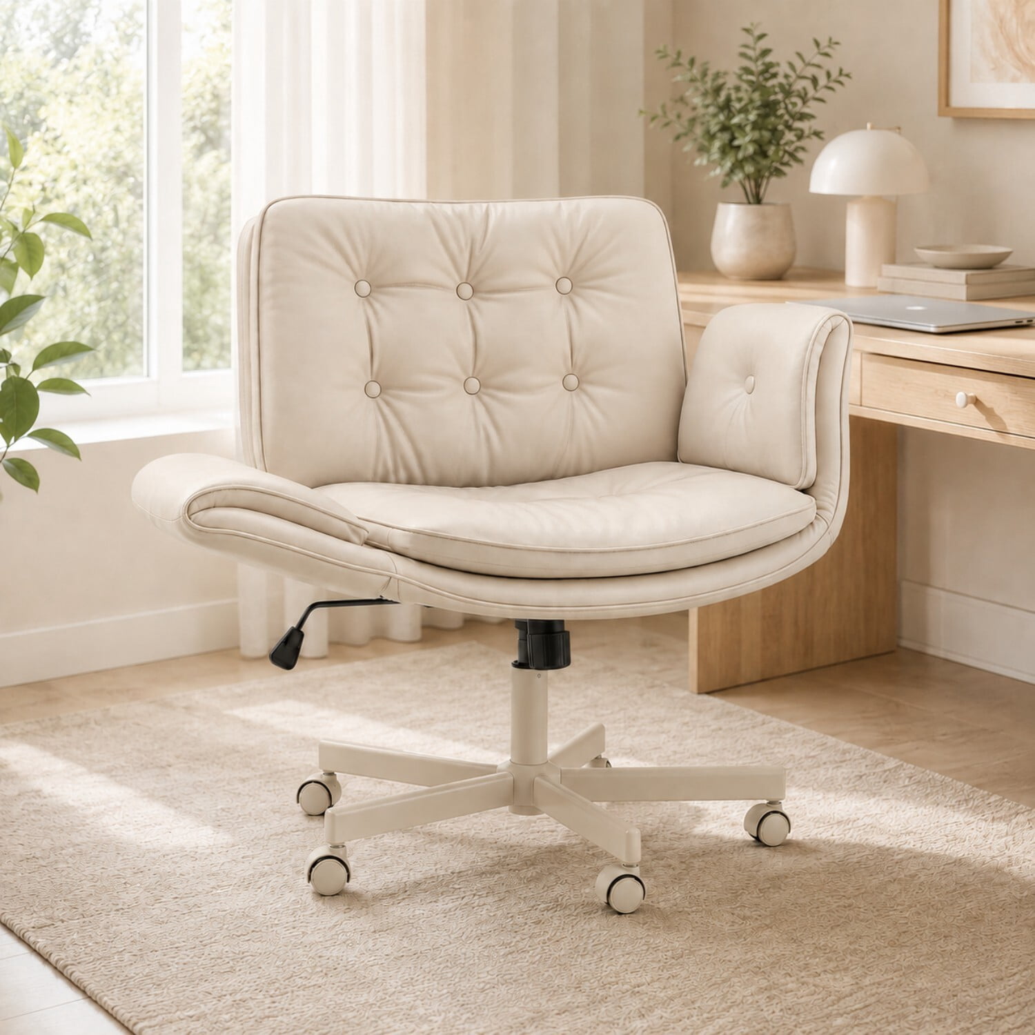 Easy4Home Criss Cross Office Chair with Wheels and Adjustable Armrests, Wide Seat PU Leather Swivel Computer Desk Chair, Beige