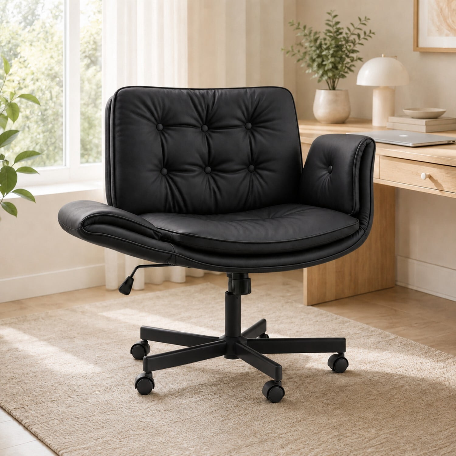 Easy4Home Criss Cross Office Chair with Wheels and Adjustable Armrests, Wide Seat PU Leather Swivel Computer Desk Chair, Black