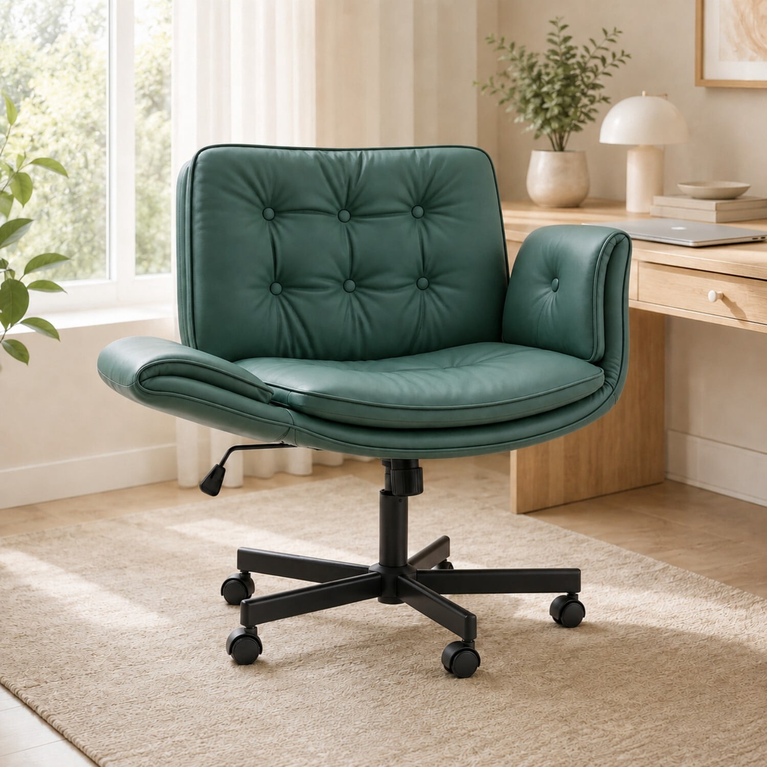 Easy4Home Criss Cross Office Chair with Wheels and Adjustable Armrests, Wide Seat PU Leather Swivel Computer Desk Chair, Dark Green