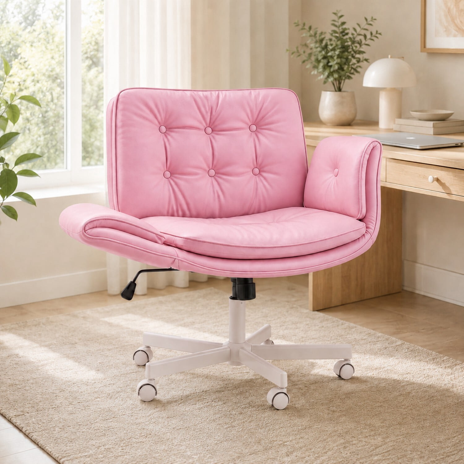 Easy4Home Criss Cross Office Chair with Wheels and Adjustable Armrests, Wide Seat PU Leather Swivel Computer Desk Chair, Pink