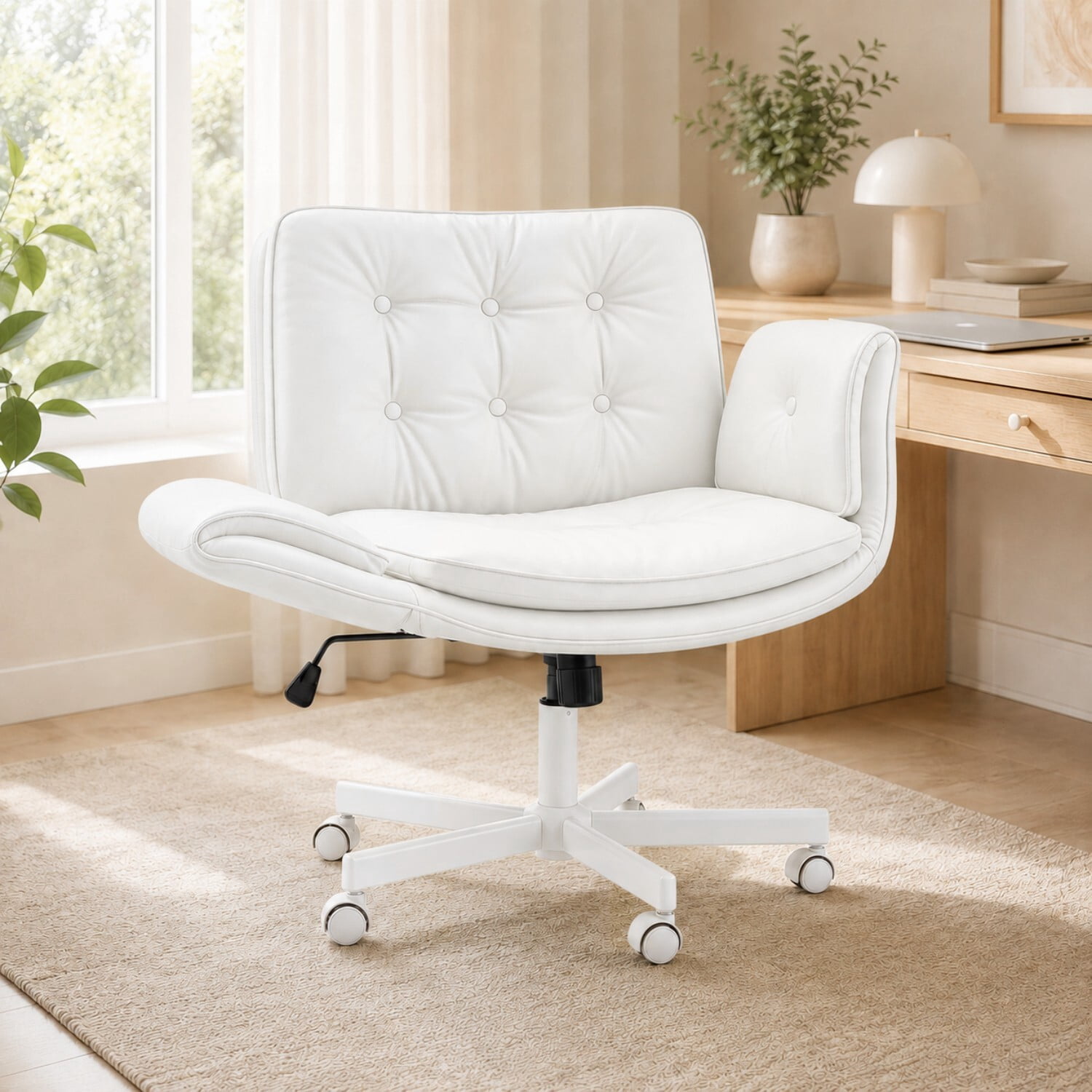 Easy4Home Criss Cross Office Chair with Wheels and Adjustable Armrests, Wide Seat PU Leather Swivel Computer Desk Chair, White