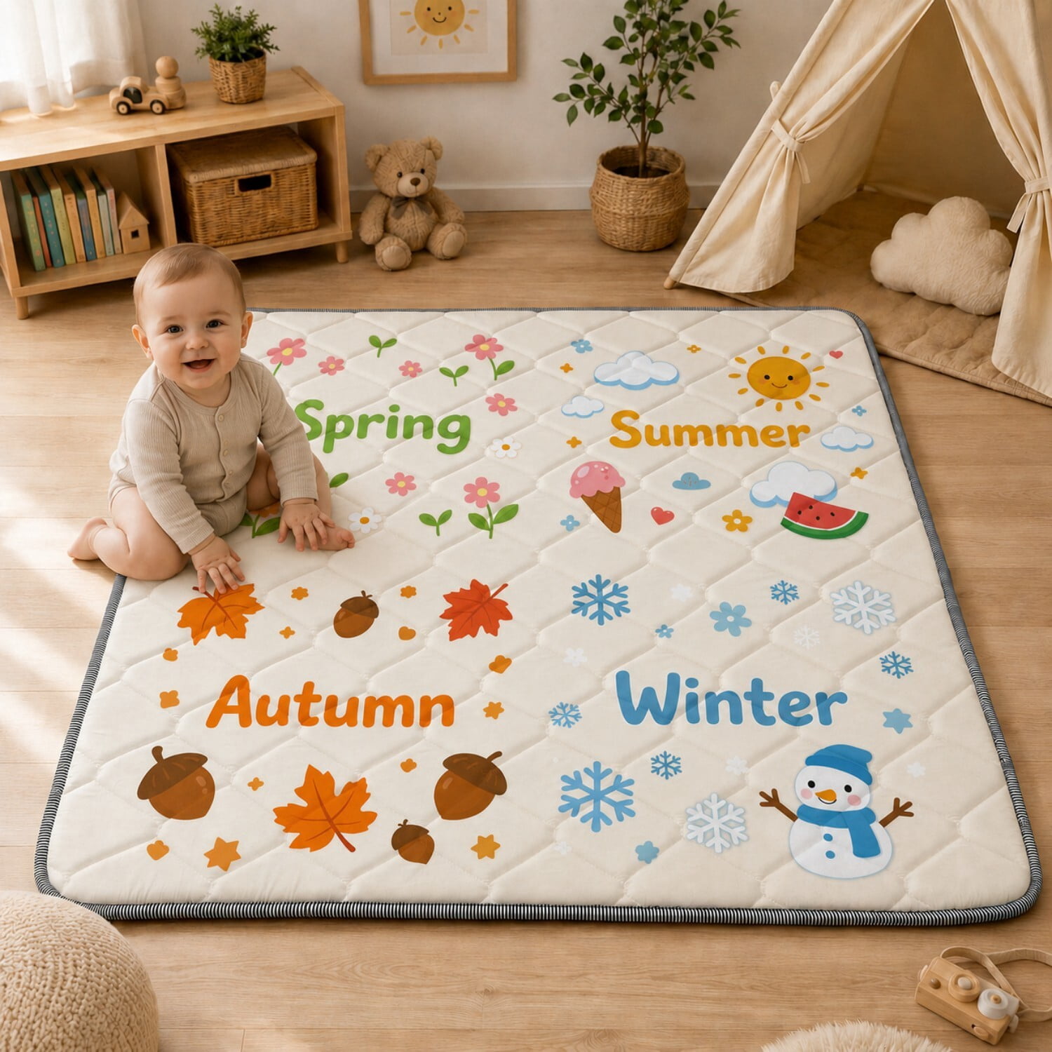 Easy4Home Foldable Baby Play Mat,44"x44" Non-Slip Thick Foam Crawling Mat Machine Washable Playpen Mat for Infants & Toddlers