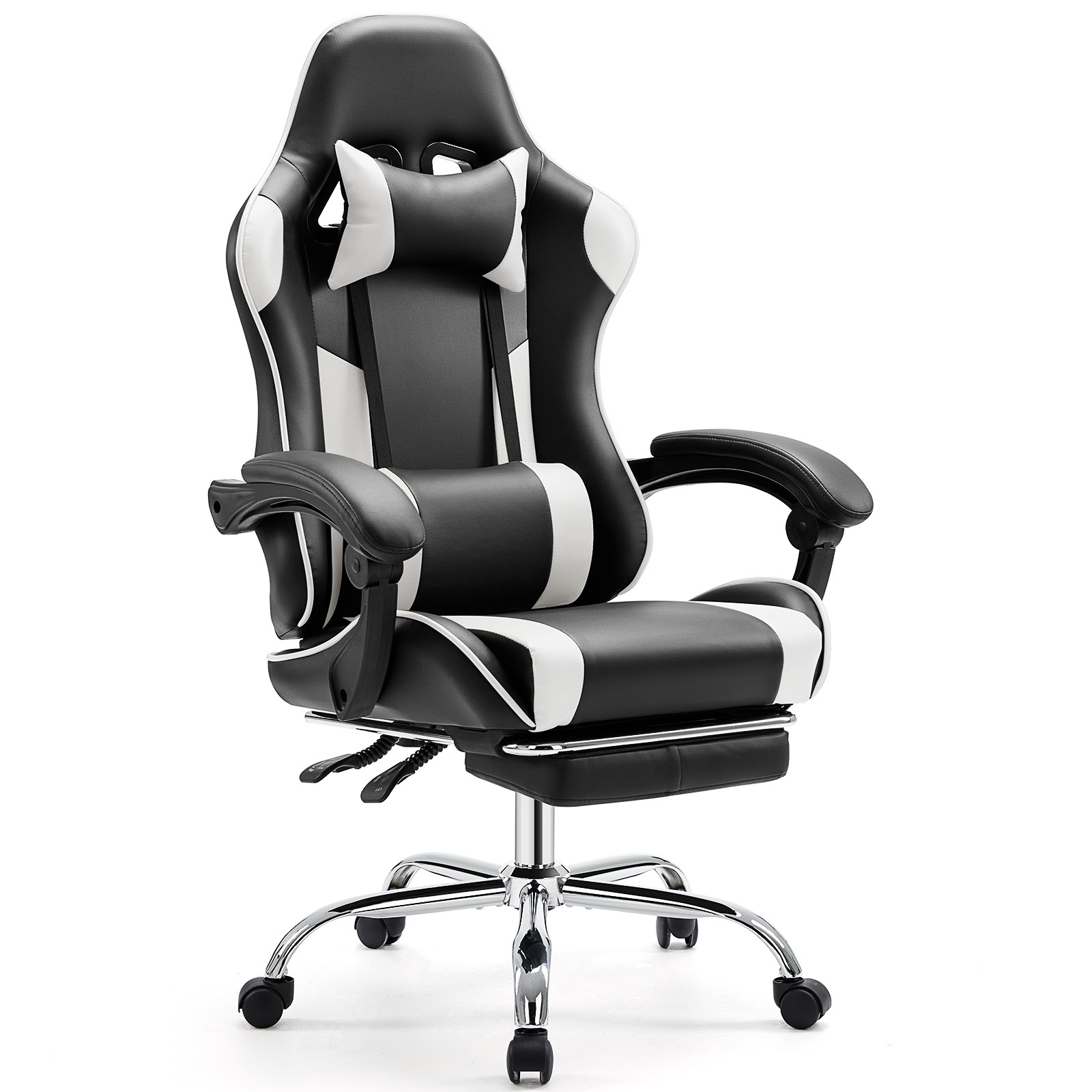 Easy4Home Gaming Chair with Sofa Spring Cushion, Ergonomic Office Chair with Lumbar Support and Footrest, High Back Computer Game Chair for Adults, Black&White