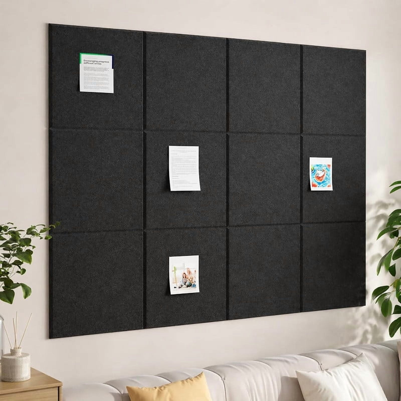 Easy4Home Large Cork Board for Wall 48"x36" Self Adhesive Bulletin Pin Board, 12 Pack Felt Wall Tiles, Black