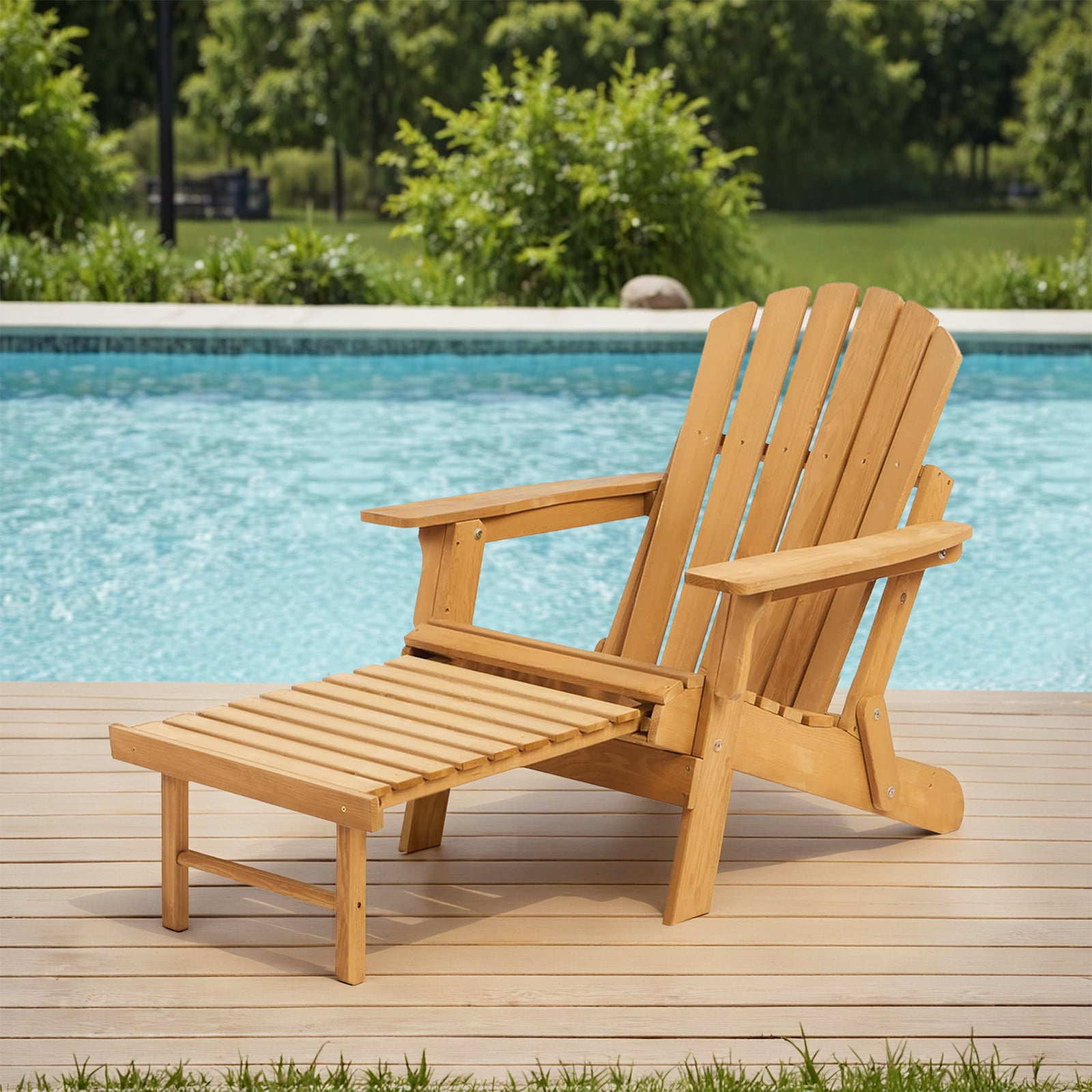 Easy4Home Larger Wooden Adirondack Chair Folding Patio Chair with Retractable Ottoman, Light Brown