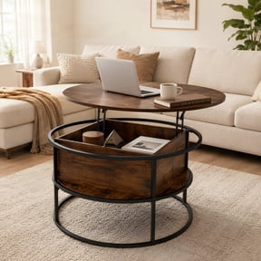 Easy4Home Lift-Top Coffee Table Round Center Table with Hidden Compartment Storage Shelf for Living Room, Rustic Brown