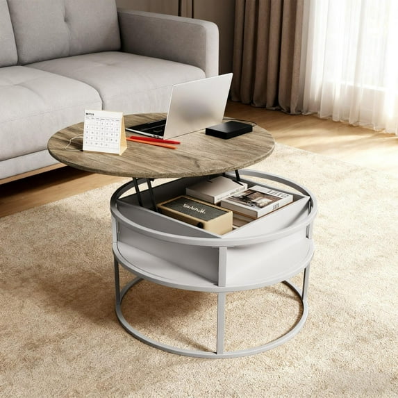 Easy4Home Lift-Top Coffee Table Round Center Table with Hidden Compartment Storage Shelf, Light Brown & White