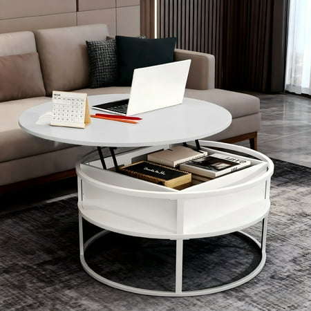 Easy4Home Lift-Top Coffee Table Round Center Table with Hidden Compartment Storage Shelf, Light Gray