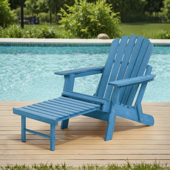 Easy4Home Larger Wooden Adirondack Chair Folding Patio Chair with Retractable Ottoman, Dark Blue