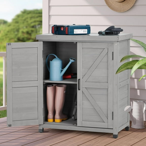 Easy4Home Wooden Outdoor Storage Cabinet with Metal Top Potting Bench Table Garden Workstation, Classic Gray
