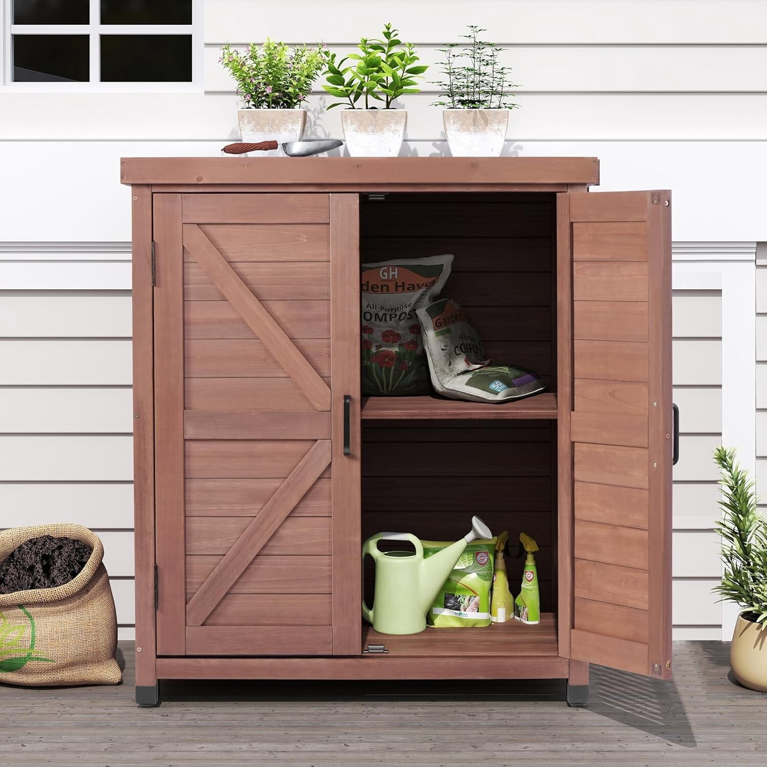 Easy4Home Wooden Outdoor Storage Cabinet with Metal Top Potting Bench Table Garden Workstation, Dark Brown