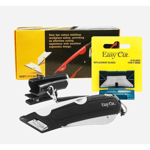 EasyBoxCutter, Easy Cut 1000 White Cutter with 10 ct Standard Replacement Extra Tape Cutter at Back, Dual Side Edge Guide, 3 Blade Depth Setting