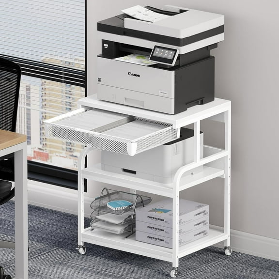 EasyCom 23.6''x18.9'' Extra Large Printer Stand with Drawer, 5-Adjustable Heights 3 Tier Printer Table with Wheels, Rolling Printer Cart with Storage for Printer Scanner Fax Home Office Use