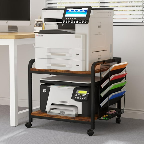 EasyCom 24"x20" Large Printer Stand with Hanging File Holder Organizer, Adjustable Height Shelf with Wheels, Under Desk Table with Storage for Printer Scanner Fax Home Office Use Rustic Brown