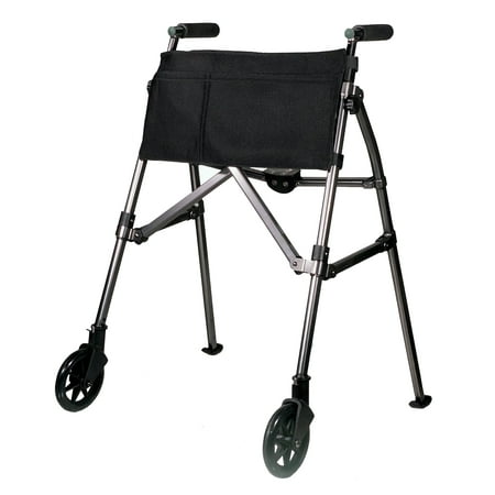 Stander Wonder Walker Plus, Lightweight Folding Rolling Walker for Seniors, Collapsible Travel EZ Fold-N-Go Walker with Wheels, Glides, & Pouch, Compact Standard Walker, Black Walnut