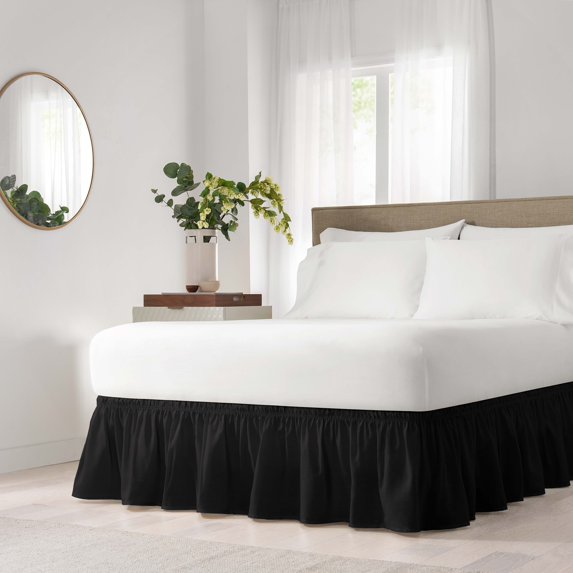 EasyFit Wrap Around Black Solid Ruffled Bed Skirt, Queen/King