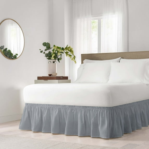 EasyFit Wrap Around Light Gray Solid Ruffled Bed Skirt, Queen/King