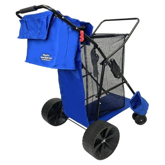 EasyGo Beach Cart Deluxe�Heavy Duty Folding Design�Large Wheels for Sand�Holds 4 Beach Chairs�Storage Pouch-Beach Umbrella Holder�Removable Beach Bag-Solid Blue