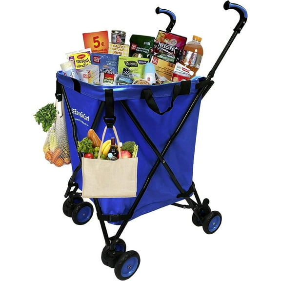 EasyGo Cart Folding Grocery Shopping and Laundry Utility Cart Removable Water-Resistant Canvas Bag - Front Locking Swivel Wheels Rear Brakes - Easy Folding - 120lbs Capacity Copyrighted Blue