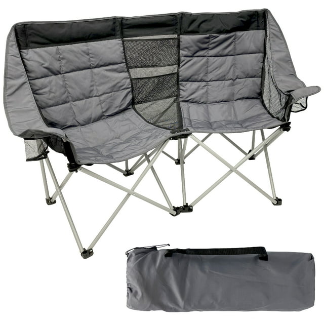 EasyGo Product Camping Chair - Double Love Seat - Heavy Duty Oversized Camping RV Chair Folds Easily and is Padded - Black Grey