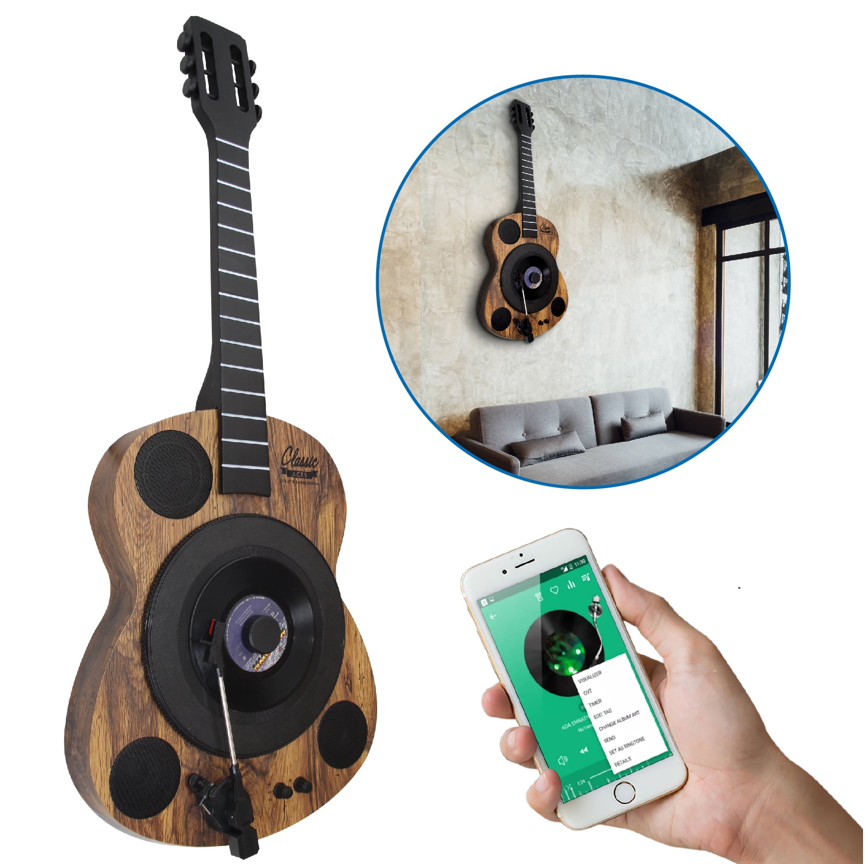 Turntable Stop Bluetooth 3-Speed Guitar Shaped Automatic Stop Turntable with ...