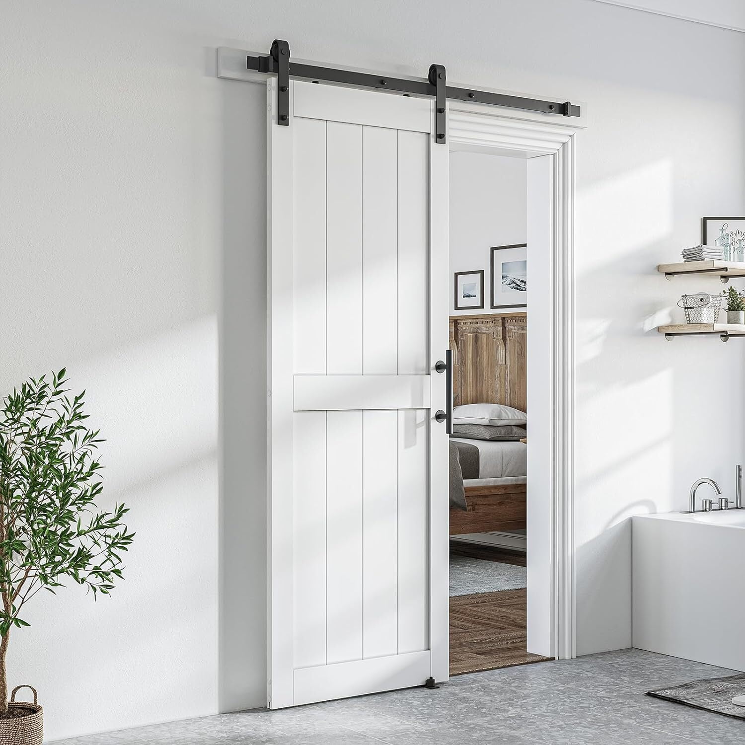 Easy4Home 24"x 84" Sliding Barn Door With 4ft Black Sliding Door Hardware Kit & Handle