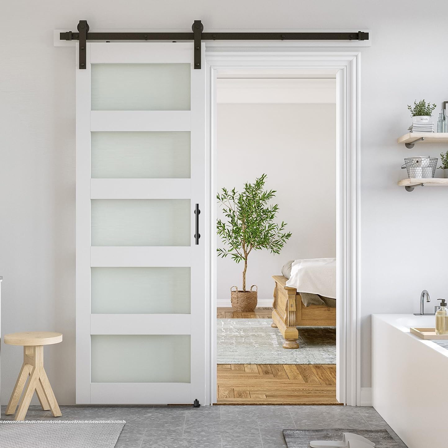 Easy4Home 32"x 84" Glass Sliding Barn Door With 6ft Sliding Door Hardware Kit & Handle Pre-Drilled