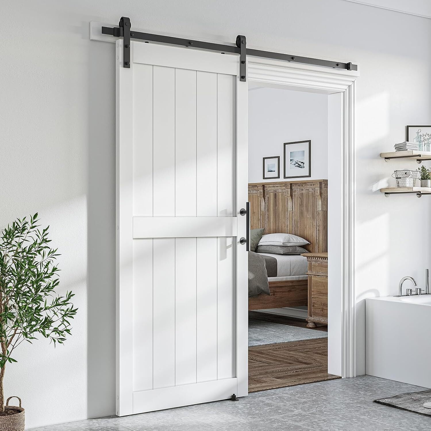 Easy4Home 36"x 96" Sliding Barn Door With 6.6ft Black Sliding Door Hardware Kit & Handle