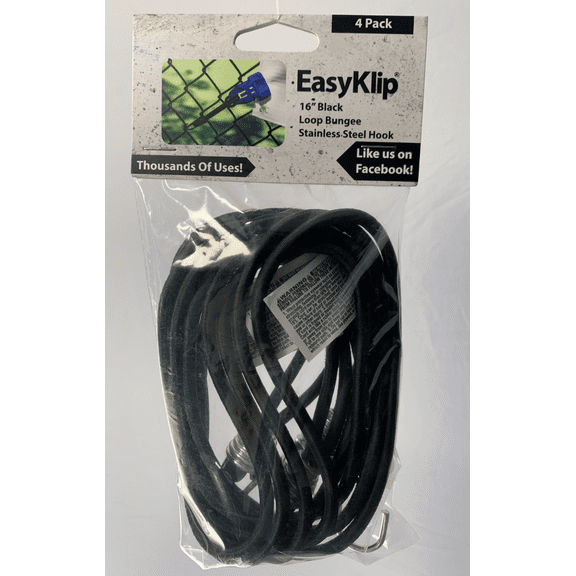 EasyKlip 16 inch Black Loop Bungee with Stainless Steel Hook-4 PK
