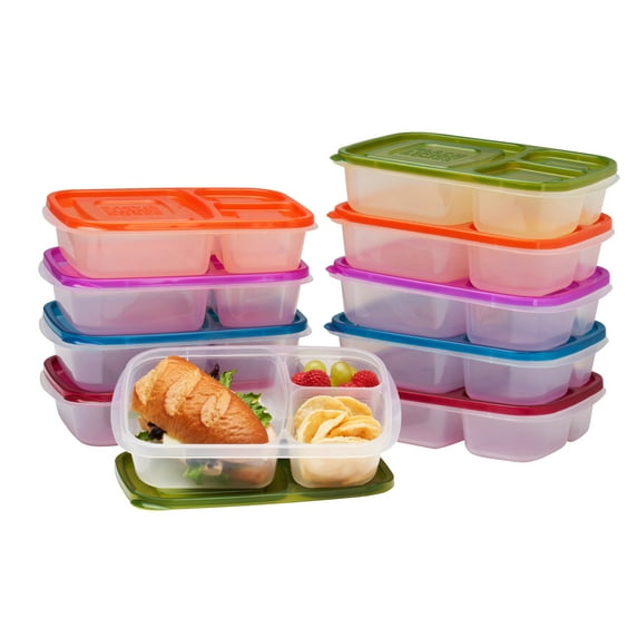 EasyLunchboxes - Original Stackable Lunch Boxes - Reusable 3-Compartment Food Containers for Kids and Adults - Bento Lunch Box for Meal Prep, School, & Work - BPA Free, Set of 10 (Classic)