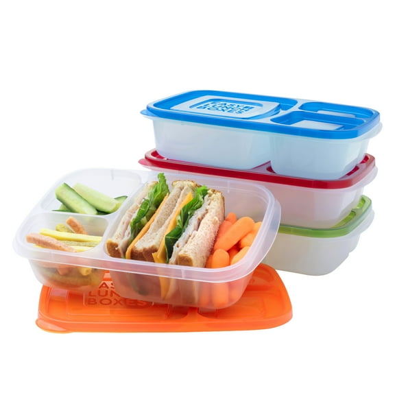 EasyLunchboxes - Original Stackable Lunch Boxes - Reusable 3-Compartment Food Containers for Kids and Adults - Bento Lunch Box for Meal Prep, School, & Work - BPA Free, Set of 4 (Classic)