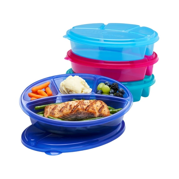 EasyLunchboxes - Oval Lunch Boxes - Reusable 4-Compartment Food Containers for Work, Travel and Meal Prep, Set of 4, (Jewel Brights)