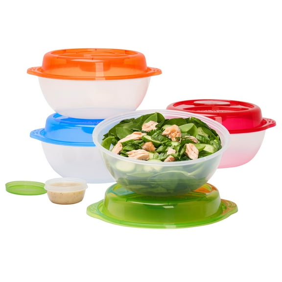 EasyLunchboxes - Salad To-Go Containers - Reusable Bowl with Built-In, Leak-Proof Dressing Cup for Salad, Pasta, Cereal, Rice & More - Great for Work, Travel, & Meal Prep, Set of 4 (Classic)