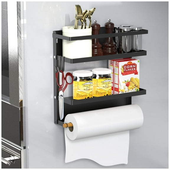 EasyMart Magnetic Spice Rack for Refrigerator – Black Metal Magnetic Shelf, Moveable Spice & Utensils Organizer with Strong Magnetic Storage & Paper Towel Holder