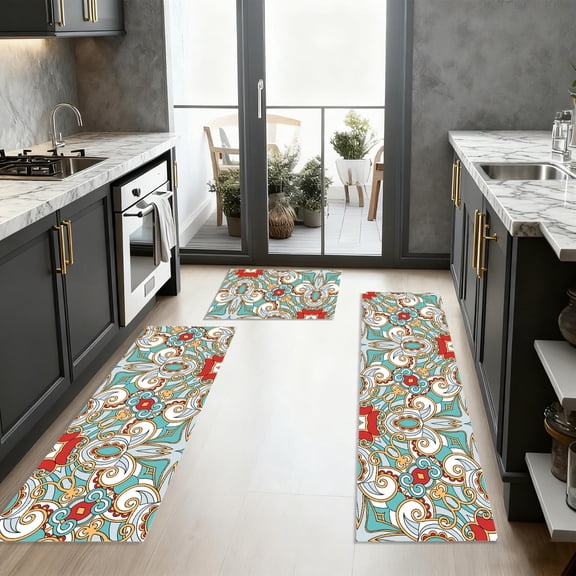 EasyPAG 3-Piece Bohemian Pattern Kitchen Rug Set - 32/47/59x20in Non-Slip Washable Floor Mats for Kitchen, Entryway, Hallway Decor