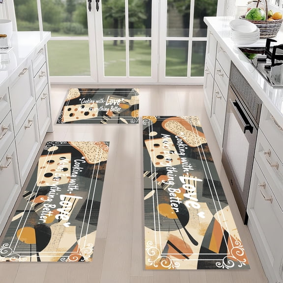 EasyPAG 3-Piece Kitchen Rug Set "Cooking with Love" - Retro Food Design Non-Slip Floor Mats, Washable Kitchen Runners for Kitchen, Entryway, Laundry Room