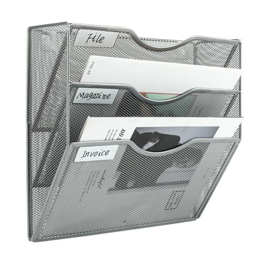EasyPAG 3 Pocket Mesh Hanging Wall File Organizer, Wall Mounted Mail Paper Document Folder Holder, Clipboard Storage Organization Magazine Rack with Nametag Label for Office Home School, Silver