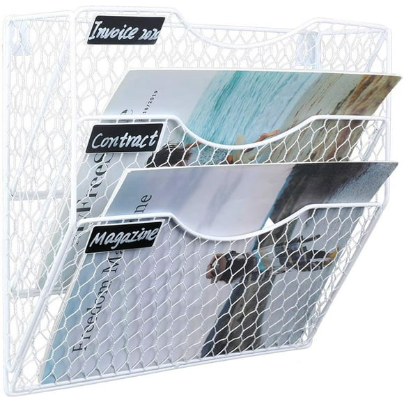 EasyPAG 3-Tier Wall File Holder Hanging Mail Organizer Metal Chicken Wire Wall Mount Magazine Rack, White