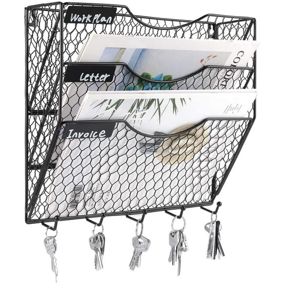 EasyPAG 3 Tier Wall File Holder Hanging Mail Organizer Metal Chicken Wire Wall Mount Magazine Rack with hooks for Home and Office, Black