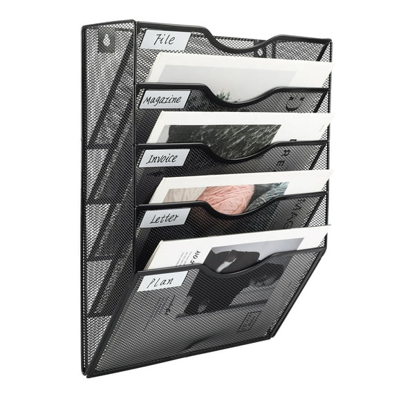 EasyPAG 5 Pocket Mesh Hanging Wall File Organizer, Wall Mounted Mail Paper Document Folder Holder, Clipboard Storage Organization Magazine Rack with Nametag Label for Office Home School, Black