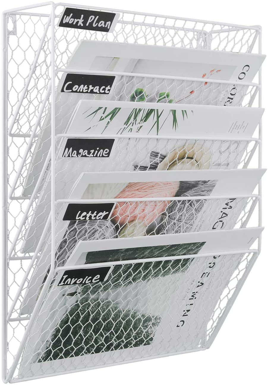 JINGWAYS Metal Wall File Organizer - 6 Slot Chicken Wire Mail & Magazine Holder (White)