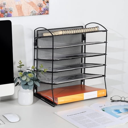 EasyPAG 6-Tier Mesh Desk File Organizer - Screwless Assembly Desktop File Folder Holder, Black Paper Sorter for Office Home School Document Organization